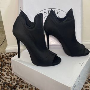 Black satin peep toe booties